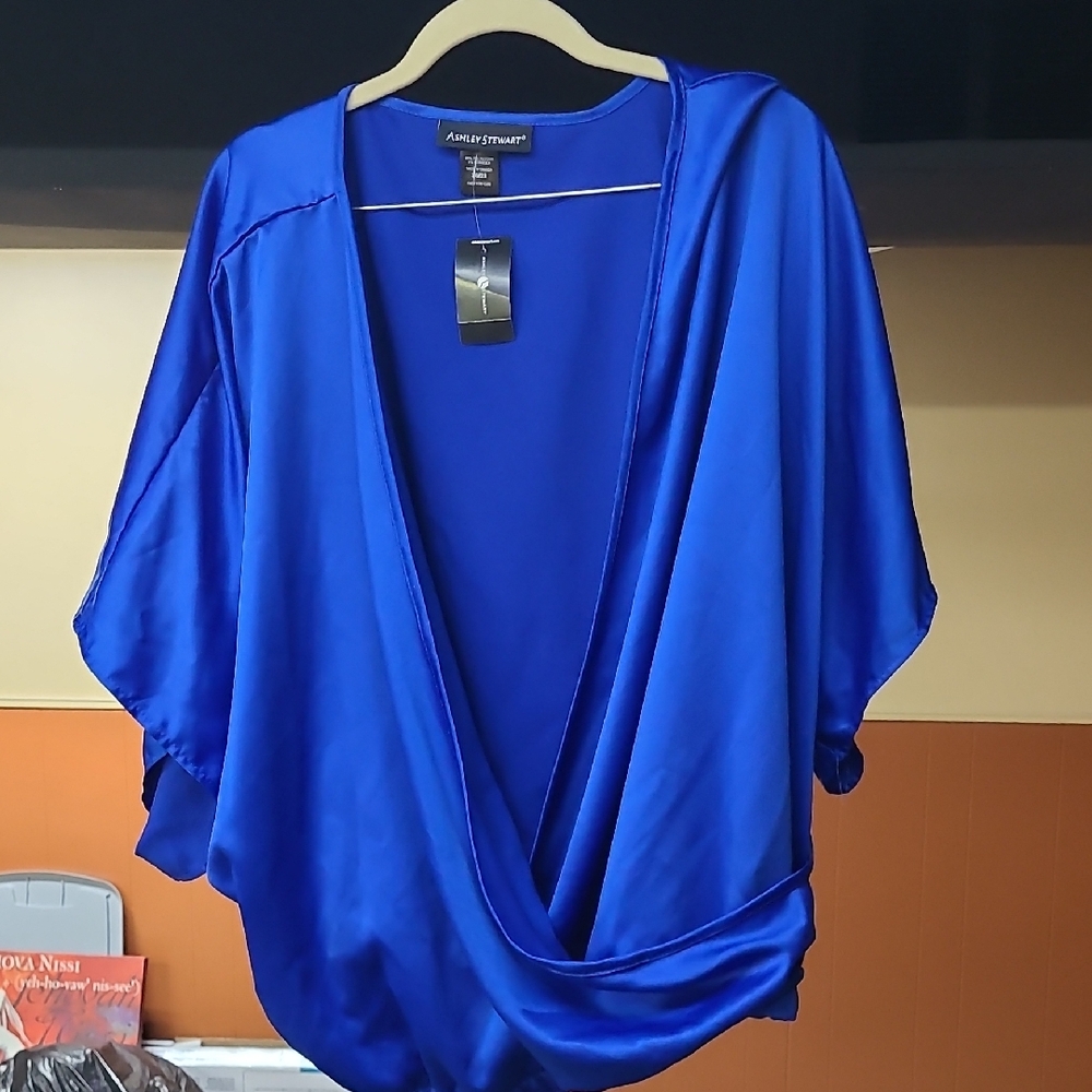 Ashley Stewart Blue Draped Dolman Sleeve Blouse